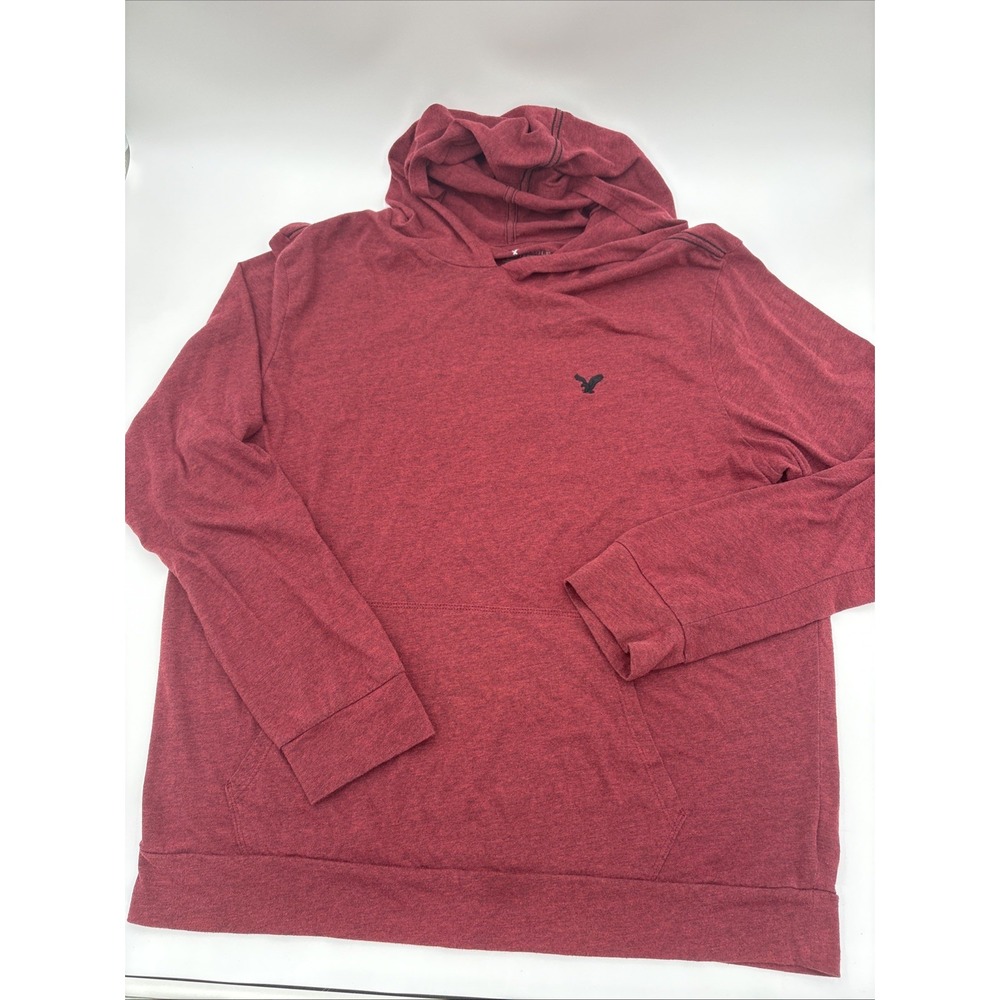 American Eagle Men's Hooded Long Sleeve Tee Red Black Heathered